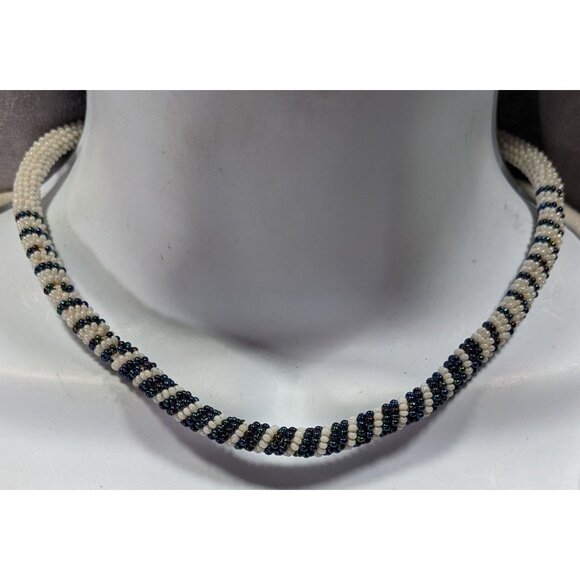 Vintage Handmade White And Blue/Black Beaded Rope Necklace - Picture 2 of 6